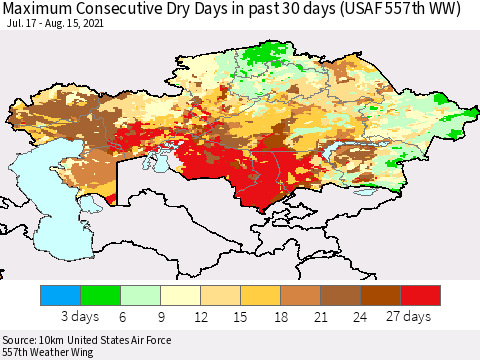 Kazakhstan Maximum Consecutive Dry Days in past 30 days (USAF 557th WW) 08/15/2021 Thematic Map For 8/11/2021 - 8/15/2021