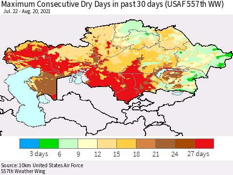 Kazakhstan Maximum Consecutive Dry Days in past 30 days (USAF 557th WW) 08/20/2021 Thematic Map For 8/16/2021 - 8/20/2021