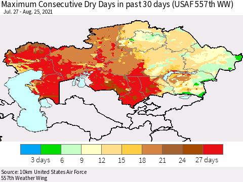 Kazakhstan Maximum Consecutive Dry Days in past 30 days (USAF 557th WW) 08/25/2021 Thematic Map For 8/21/2021 - 8/25/2021
