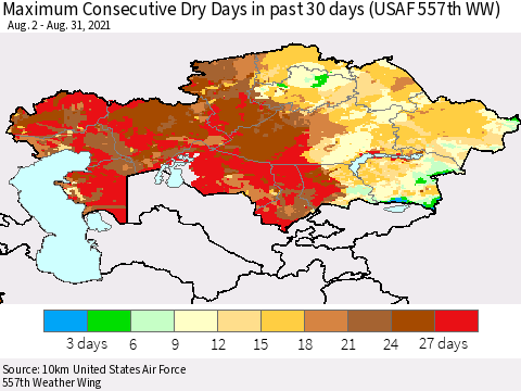 Kazakhstan Maximum Consecutive Dry Days in past 30 days (USAF 557th WW) 08/31/2021 Thematic Map For 8/26/2021 - 8/31/2021