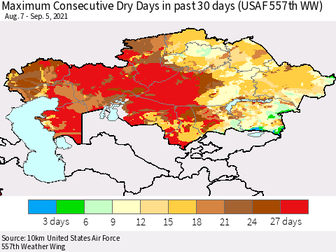 Kazakhstan Maximum Consecutive Dry Days in past 30 days (USAF 557th WW) 09/05/2021 Thematic Map For 9/1/2021 - 9/5/2021