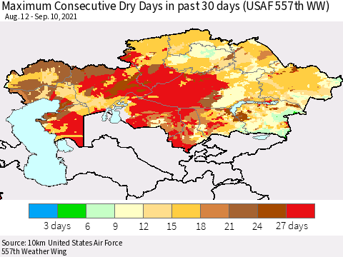Kazakhstan Maximum Consecutive Dry Days in past 30 days (USAF 557th WW) 09/10/2021 Thematic Map For 9/6/2021 - 9/10/2021