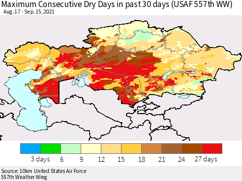 Kazakhstan Maximum Consecutive Dry Days in past 30 days (USAF 557th WW) 09/15/2021 Thematic Map For 9/11/2021 - 9/15/2021