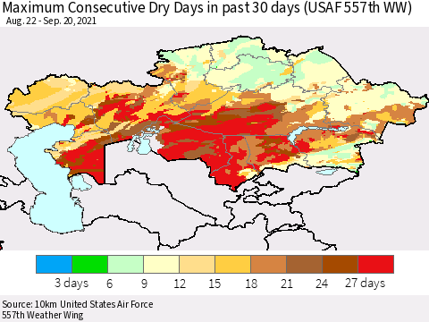 Kazakhstan Maximum Consecutive Dry Days in past 30 days (USAF 557th WW) 09/20/2021 Thematic Map For 9/16/2021 - 9/20/2021