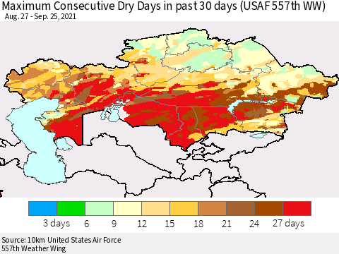 Kazakhstan Maximum Consecutive Dry Days in past 30 days (USAF 557th WW) 09/25/2021 Thematic Map For 9/21/2021 - 9/25/2021