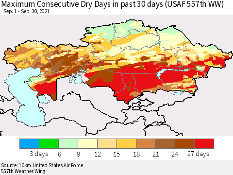 Kazakhstan Maximum Consecutive Dry Days in past 30 days (USAF 557th WW) 09/30/2021 Thematic Map For 9/26/2021 - 9/30/2021