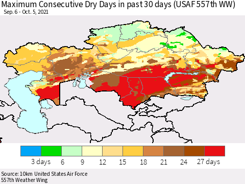 Kazakhstan Maximum Consecutive Dry Days in past 30 days (USAF 557th WW) 10/05/2021 Thematic Map For 10/1/2021 - 10/5/2021