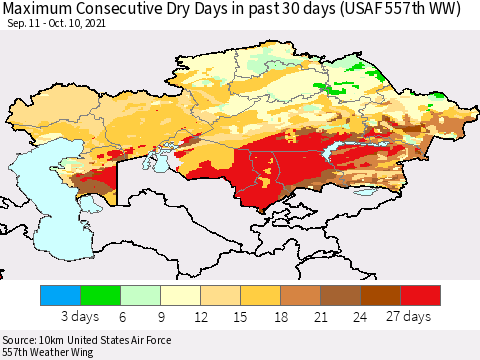 Kazakhstan Maximum Consecutive Dry Days in past 30 days (USAF 557th WW) 10/10/2021 Thematic Map For 10/6/2021 - 10/10/2021