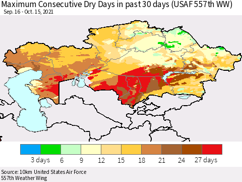 Kazakhstan Maximum Consecutive Dry Days in past 30 days (USAF 557th WW) 10/15/2021 Thematic Map For 10/11/2021 - 10/15/2021