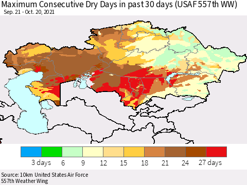 Kazakhstan Maximum Consecutive Dry Days in past 30 days (USAF 557th WW) 10/20/2021 Thematic Map For 10/16/2021 - 10/20/2021