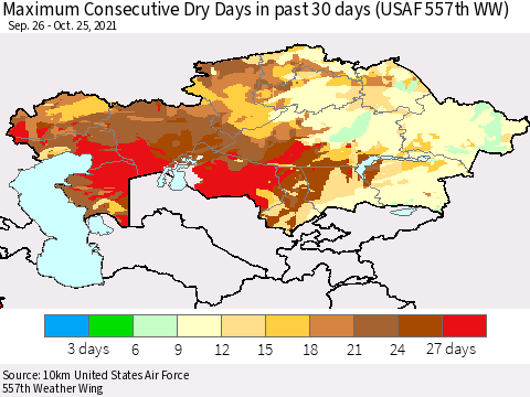 Kazakhstan Maximum Consecutive Dry Days in past 30 days (USAF 557th WW) 10/25/2021 Thematic Map For 10/21/2021 - 10/25/2021