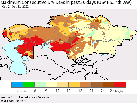 Kazakhstan Maximum Consecutive Dry Days in past 30 days (USAF 557th WW) 10/31/2021 Thematic Map For 10/26/2021 - 10/31/2021