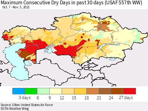 Kazakhstan Maximum Consecutive Dry Days in past 30 days (USAF 557th WW) 11/05/2021 Thematic Map For 11/1/2021 - 11/5/2021