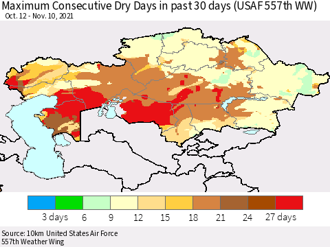Kazakhstan Maximum Consecutive Dry Days in past 30 days (USAF 557th WW) 11/10/2021 Thematic Map For 11/6/2021 - 11/10/2021