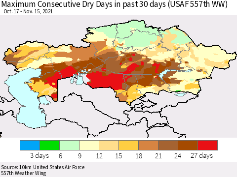 Kazakhstan Maximum Consecutive Dry Days in past 30 days (USAF 557th WW) 11/15/2021 Thematic Map For 11/11/2021 - 11/15/2021