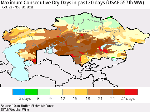 Kazakhstan Maximum Consecutive Dry Days in past 30 days (USAF 557th WW) 11/20/2021 Thematic Map For 11/16/2021 - 11/20/2021