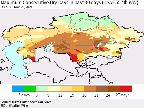 Kazakhstan Maximum Consecutive Dry Days in past 30 days (USAF 557th WW) 11/25/2021 Thematic Map For 11/21/2021 - 11/25/2021