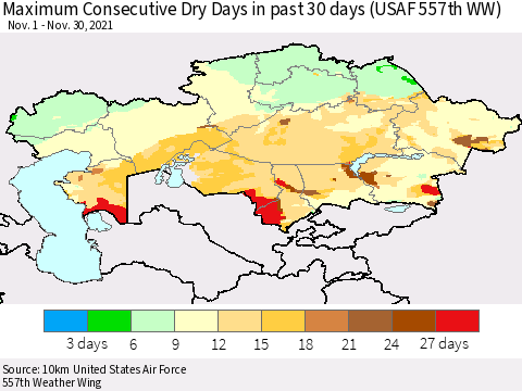 Kazakhstan Maximum Consecutive Dry Days in past 30 days (USAF 557th WW) 11/30/2021 Thematic Map For 11/26/2021 - 11/30/2021