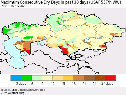 Kazakhstan Maximum Consecutive Dry Days in past 30 days (USAF 557th WW) 12/05/2021 Thematic Map For 12/1/2021 - 12/5/2021