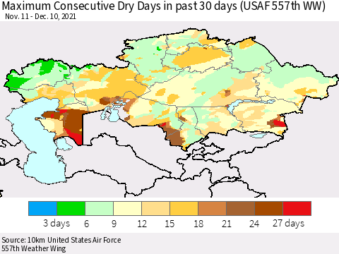Kazakhstan Maximum Consecutive Dry Days in past 30 days (USAF 557th WW) 12/10/2021 Thematic Map For 12/6/2021 - 12/10/2021