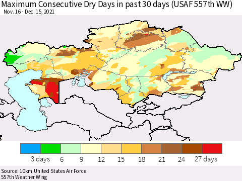 Kazakhstan Maximum Consecutive Dry Days in past 30 days (USAF 557th WW) 12/15/2021 Thematic Map For 12/11/2021 - 12/15/2021