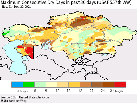 Kazakhstan Maximum Consecutive Dry Days in past 30 days (USAF 557th WW) 12/20/2021 Thematic Map For 12/16/2021 - 12/20/2021