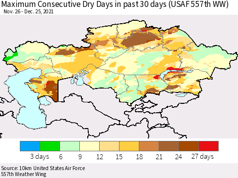 Kazakhstan Maximum Consecutive Dry Days in past 30 days (USAF 557th WW) 12/25/2021 Thematic Map For 12/21/2021 - 12/25/2021