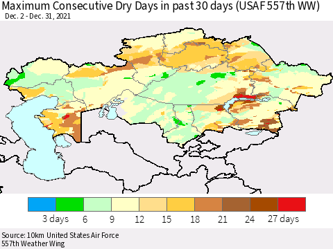 Kazakhstan Maximum Consecutive Dry Days in past 30 days (USAF 557th WW) 12/31/2021 Thematic Map For 12/26/2021 - 12/31/2021