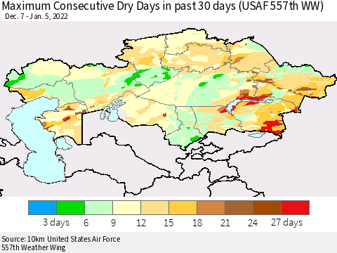 Kazakhstan Maximum Consecutive Dry Days in past 30 days (USAF 557th WW) 01/05/2022 Thematic Map For 1/1/2022 - 1/5/2022