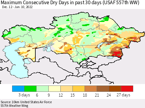 Kazakhstan Maximum Consecutive Dry Days in past 30 days (USAF 557th WW) 01/10/2022 Thematic Map For 1/6/2022 - 1/10/2022