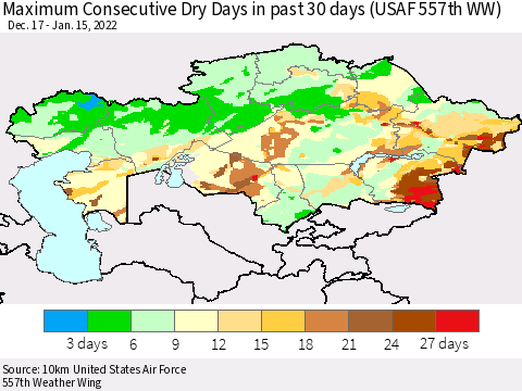 Kazakhstan Maximum Consecutive Dry Days in past 30 days (USAF 557th WW) 01/15/2022 Thematic Map For 1/11/2022 - 1/15/2022