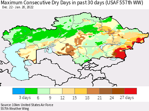Kazakhstan Maximum Consecutive Dry Days in past 30 days (USAF 557th WW) 01/20/2022 Thematic Map For 1/16/2022 - 1/20/2022