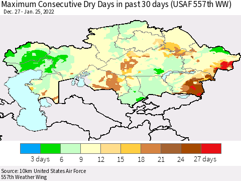 Kazakhstan Maximum Consecutive Dry Days in past 30 days (USAF 557th WW) 01/25/2022 Thematic Map For 1/21/2022 - 1/25/2022