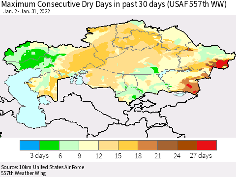 Kazakhstan Maximum Consecutive Dry Days in past 30 days (USAF 557th WW) 01/31/2022 Thematic Map For 1/26/2022 - 1/31/2022