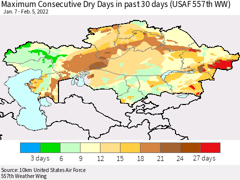 Kazakhstan Maximum Consecutive Dry Days in past 30 days (USAF 557th WW) 02/05/2022 Thematic Map For 2/1/2022 - 2/5/2022