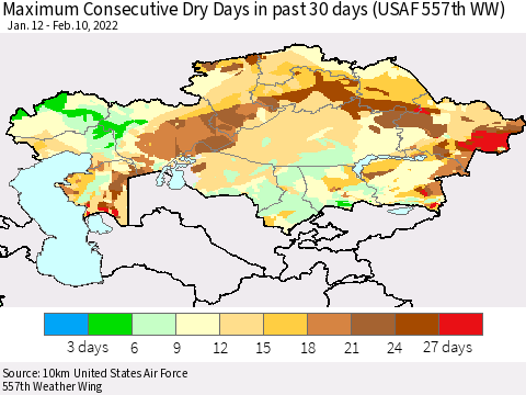 Kazakhstan Maximum Consecutive Dry Days in past 30 days (USAF 557th WW) 02/10/2022 Thematic Map For 2/6/2022 - 2/10/2022