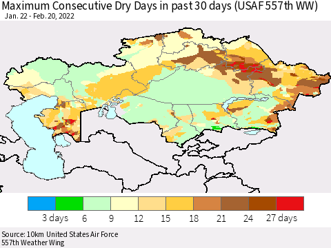 Kazakhstan Maximum Consecutive Dry Days in past 30 days (USAF 557th WW) 02/20/2022 Thematic Map For 2/16/2022 - 2/20/2022