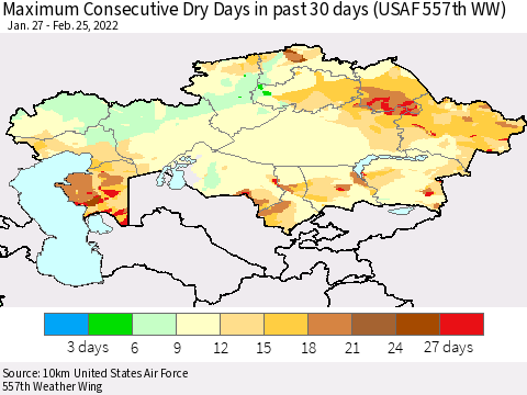 Kazakhstan Maximum Consecutive Dry Days in past 30 days (USAF 557th WW) 02/25/2022 Thematic Map For 2/21/2022 - 2/25/2022