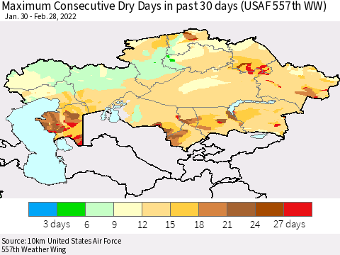 Kazakhstan Maximum Consecutive Dry Days in past 30 days (USAF 557th WW) 02/28/2022 Thematic Map For 2/26/2022 - 2/28/2022