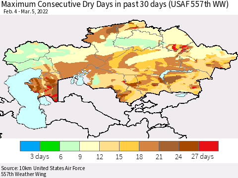 Kazakhstan Maximum Consecutive Dry Days in past 30 days (USAF 557th WW) 03/05/2022 Thematic Map For 3/1/2022 - 3/5/2022