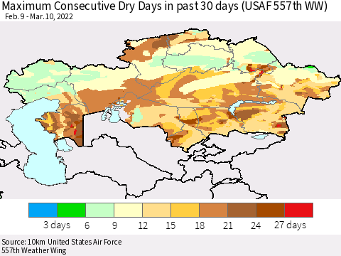 Kazakhstan Maximum Consecutive Dry Days in past 30 days (USAF 557th WW) 03/10/2022 Thematic Map For 3/6/2022 - 3/10/2022