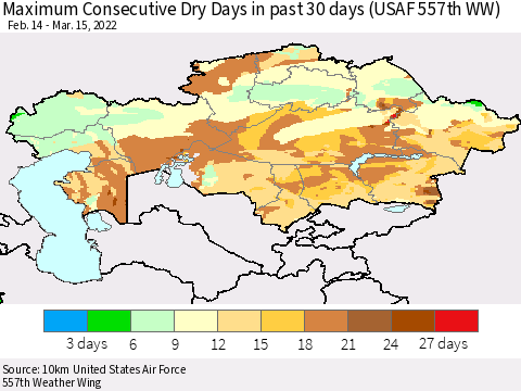 Kazakhstan Maximum Consecutive Dry Days in past 30 days (USAF 557th WW) 03/15/2022 Thematic Map For 3/11/2022 - 3/15/2022