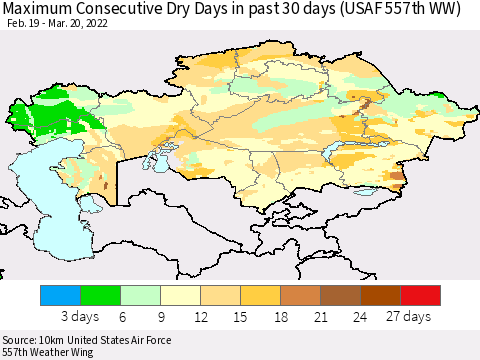 Kazakhstan Maximum Consecutive Dry Days in past 30 days (USAF 557th WW) 03/20/2022 Thematic Map For 3/16/2022 - 3/20/2022
