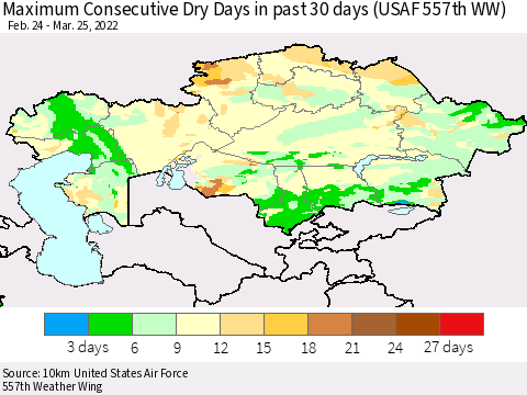 Kazakhstan Maximum Consecutive Dry Days in past 30 days (USAF 557th WW) 03/25/2022 Thematic Map For 3/21/2022 - 3/25/2022