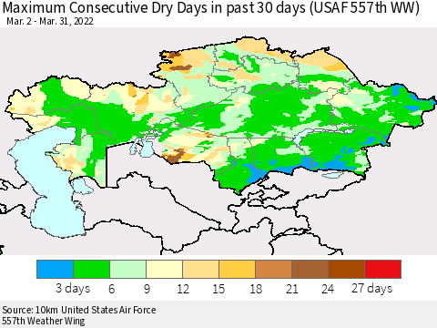 Kazakhstan Maximum Consecutive Dry Days in past 30 days (USAF 557th WW) 03/31/2022 Thematic Map For 3/26/2022 - 3/31/2022