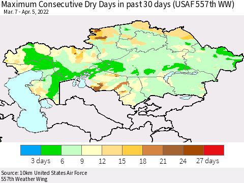 Kazakhstan Maximum Consecutive Dry Days in past 30 days (USAF 557th WW) 04/05/2022 Thematic Map For 4/1/2022 - 4/5/2022