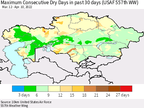 Kazakhstan Maximum Consecutive Dry Days in past 30 days (USAF 557th WW) 04/10/2022 Thematic Map For 4/6/2022 - 4/10/2022