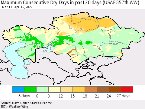 Kazakhstan Maximum Consecutive Dry Days in past 30 days (USAF 557th WW) 04/15/2022 Thematic Map For 4/11/2022 - 4/15/2022