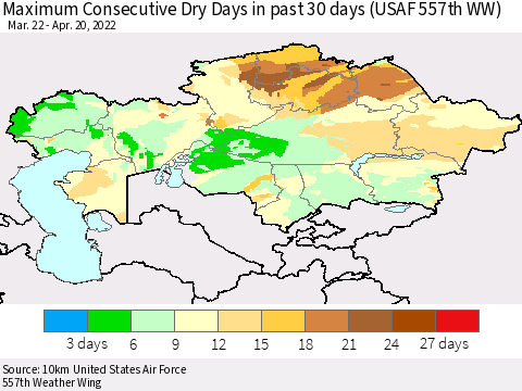 Kazakhstan Maximum Consecutive Dry Days in past 30 days (USAF 557th WW) 04/20/2022 Thematic Map For 4/16/2022 - 4/20/2022