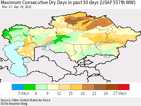 Kazakhstan Maximum Consecutive Dry Days in past 30 days (USAF 557th WW) 04/25/2022 Thematic Map For 4/21/2022 - 4/25/2022